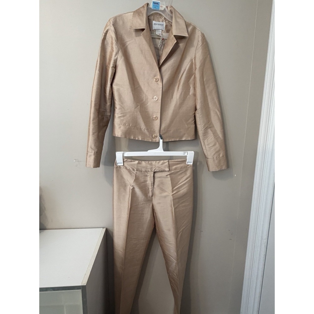 Vintage Hugo Buscati Collection 100% Silk 2 Pc Pantsuit Blazer & Pants Tan Sz 4